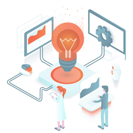 business idea illustration, desk with light bulb in the centre with screens charts and people working, flat isometric style